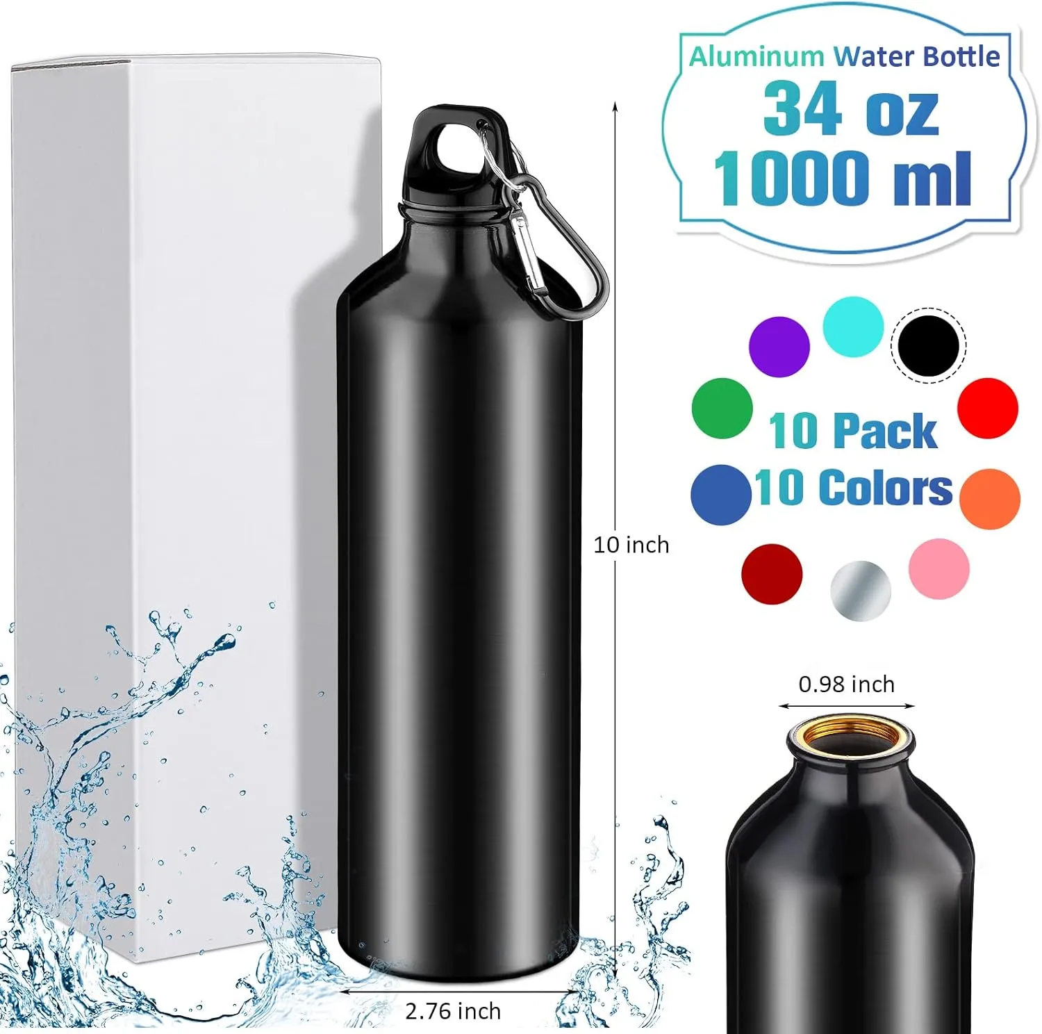 10 Pack 34 oz Aluminum Water Bottles Lightweight Reusable Bottles Aluminum Travel Cups with Carabiner Leak Proof Team Water Cups in bulk for Gym Sports Bicycle Camping