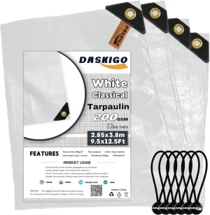 10 x 13Ft Extra Super Heavy Duty 12 Mil Thick Waterproof White Tarp Cover Sheet & 6 Pcs Bungee Balls