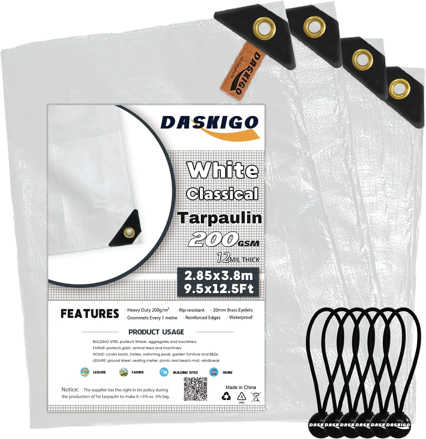 10 x 13Ft Extra Super Heavy Duty 12 Mil Thick Waterproof White Tarp Cover Sheet & 6 Pcs Bungee Balls