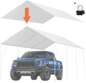 10 x 20 ft Carport Replacement Canopy Cover, Garage Top Tent Shelter Tarp Heavy-Duty Waterproof & Protected, Easy Installation with 40 Ball Bungeess (Only Top Cover, Frame Not Include), White