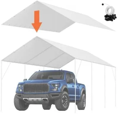 10 x 20 ft Carport Replacement Canopy Cover, Garage Top Tent Shelter Tarp Heavy-Duty Waterproof & Protected, Easy Installation with 40 Ball Bungeess (Only Top Cover, Frame Not Include), White