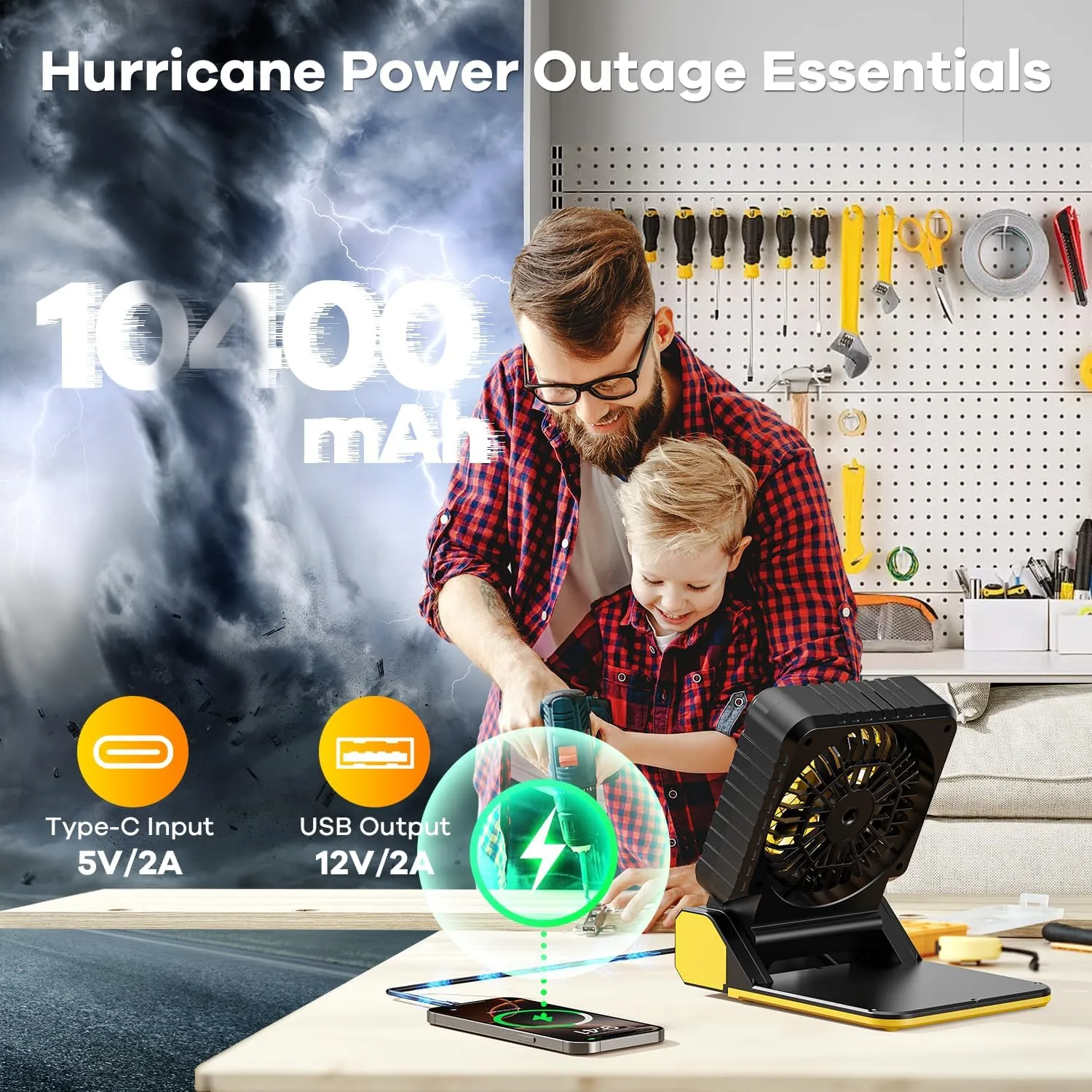 10400mAh Solar Powered Camping Fan,Portable Rechargeable Battery Powered Travel Fan with LED Lantern,Beach Essentials for Hurricane Emergencies, Hiking,Worksite Cooling (Yellow)