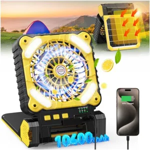 10400mAh Solar Powered Camping Fan,Portable Rechargeable Battery Powered Travel Fan with LED Lantern,Beach Essentials for Hurricane Emergencies, Hiking,Worksite Cooling (Yellow)