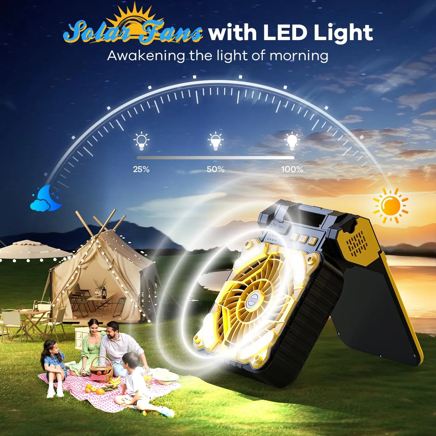10400mAh Solar Powered Camping Fan,Portable Rechargeable Battery Powered Travel Fan with LED Lantern,Beach Essentials for Hurricane Emergencies, Hiking,Worksite Cooling (Yellow)