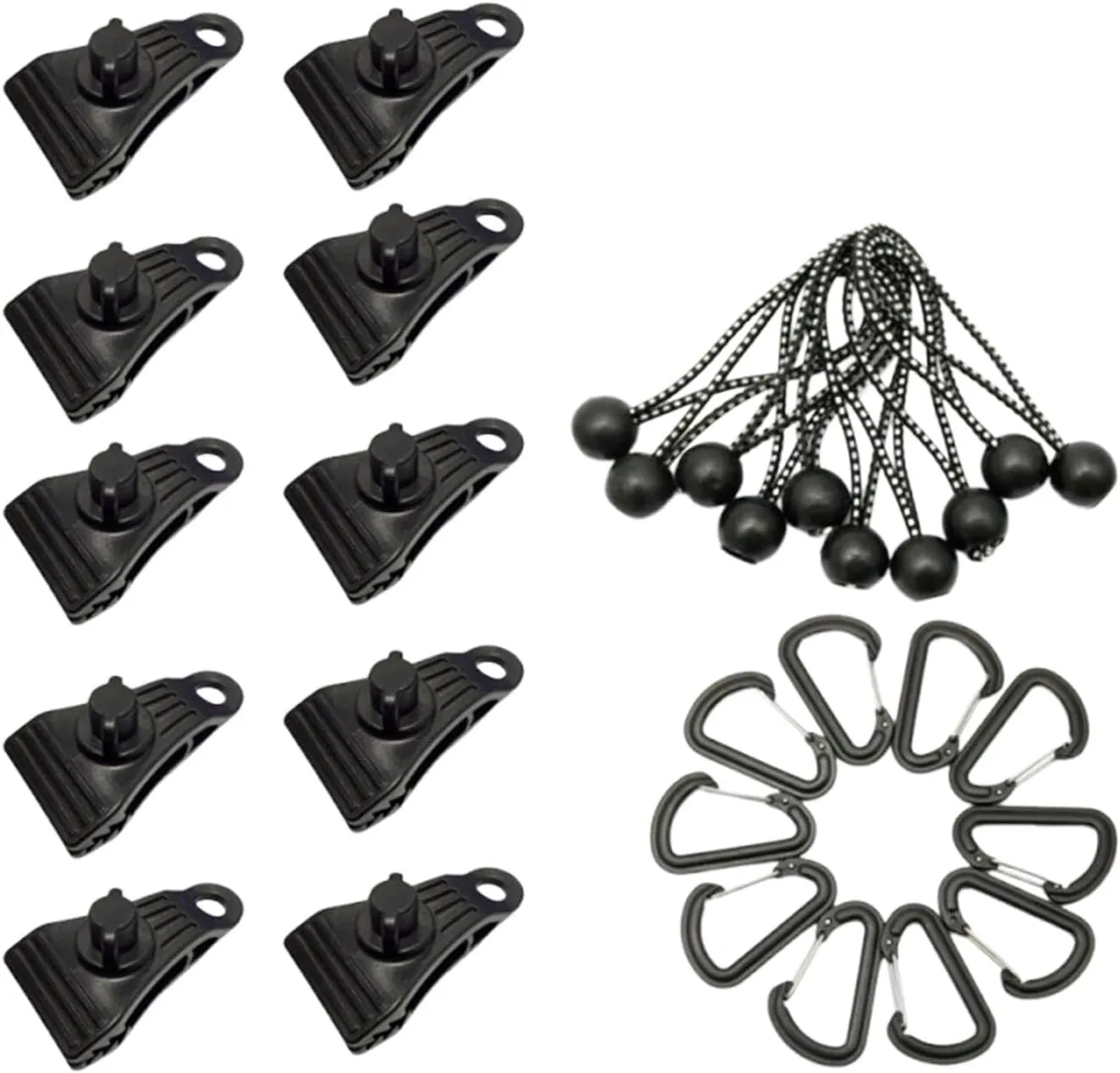 10Pcs Tarp Clips Set Windproof Awning Camping Secure Tarpaulin Canvas Fixing with 10 Ball Bungee Cords for Camping Canvas