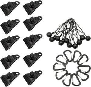 10Pcs Tarp Clips Set Windproof Awning Camping Secure Tarpaulin Canvas Fixing with 10 Ball Bungee Cords for Camping Canvas