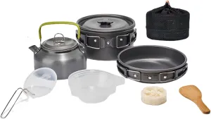 10Pcs/Set Camping Cookware Kit with Folding Pan Pot Kettle Spoon Bowl,Portable Non-Stick Alumina Cookware, for Hiking,Camping,Backpacking,Outdoor Cooking and Picnic