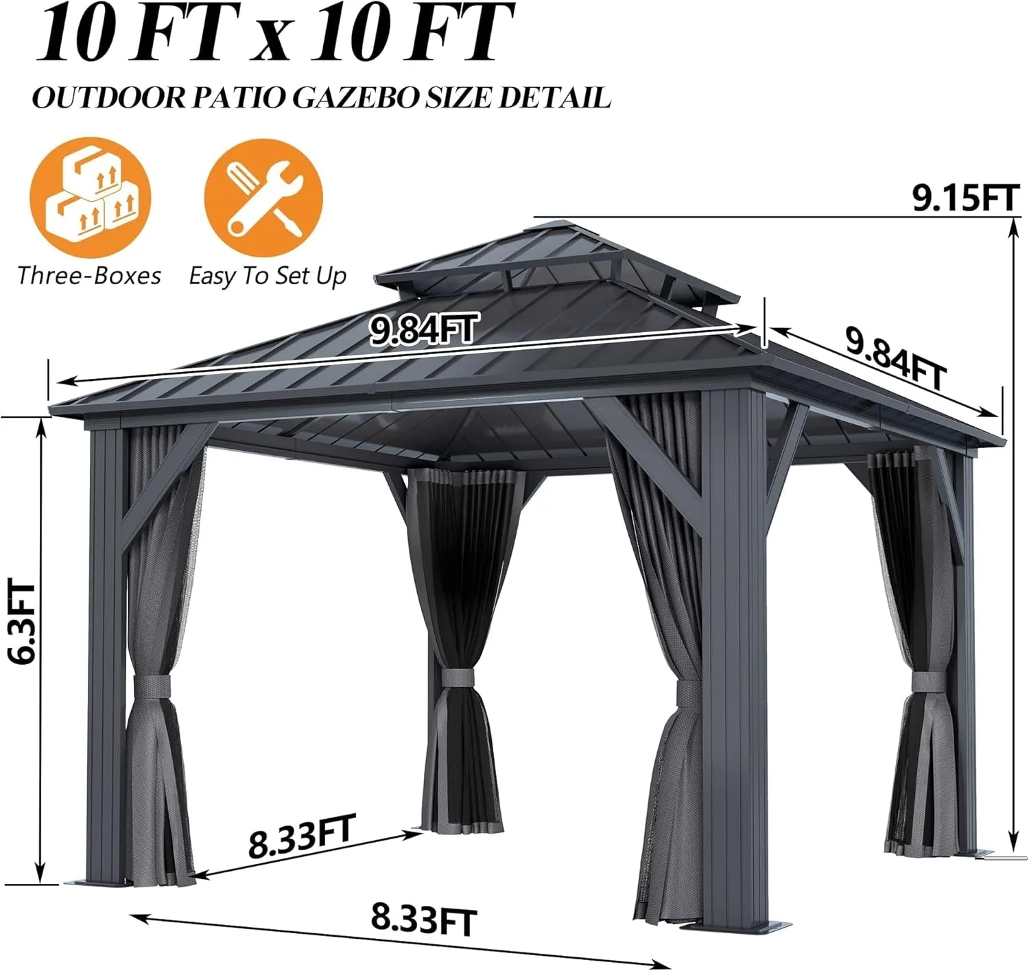 10'X10' Outdoor Hardtop Gazebo with Double Roof - Heavy-Duty