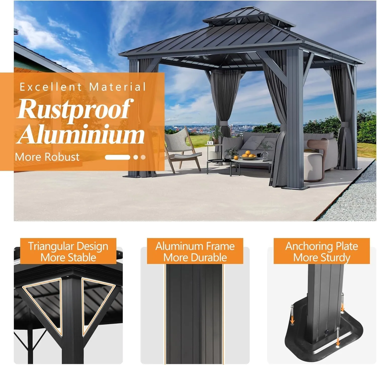 10'X10' Outdoor Hardtop Gazebo with Double Roof - Heavy-Duty