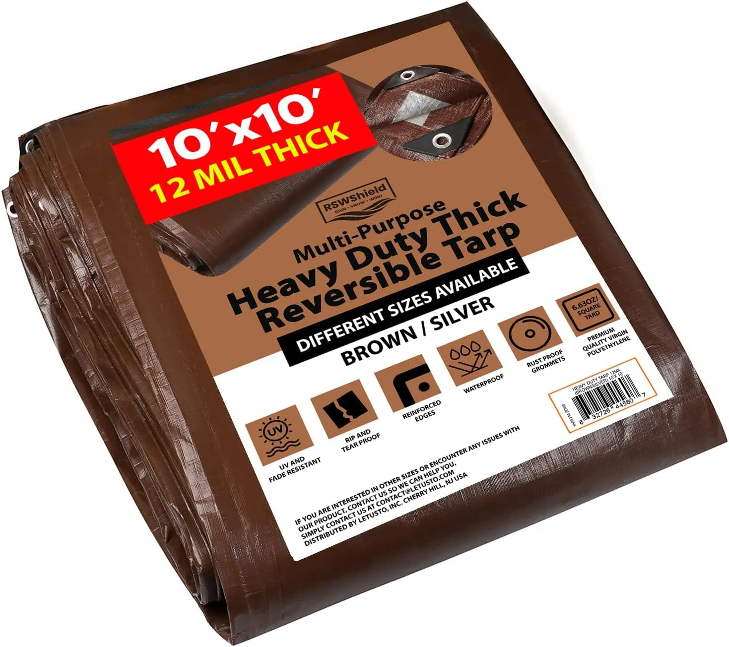 [10'X10'] RSW Heavy Duty Waterproof 12 Mil Safety Reversible Tarp Cover, UV Resistant, Rip and Tear Proof Tarpaulin with Reinforced Edges - for Roof, Camping, Patio, Pool Cover, Boat (Brown/Silver)
