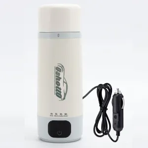 12 24V Car Electric Water Kettle with LCD Digital 3 Temparature Auto Shut-off 304 Stainless Steel Liner Leak-Proof For Travel Camping, Road Trip for Cars 350ml White