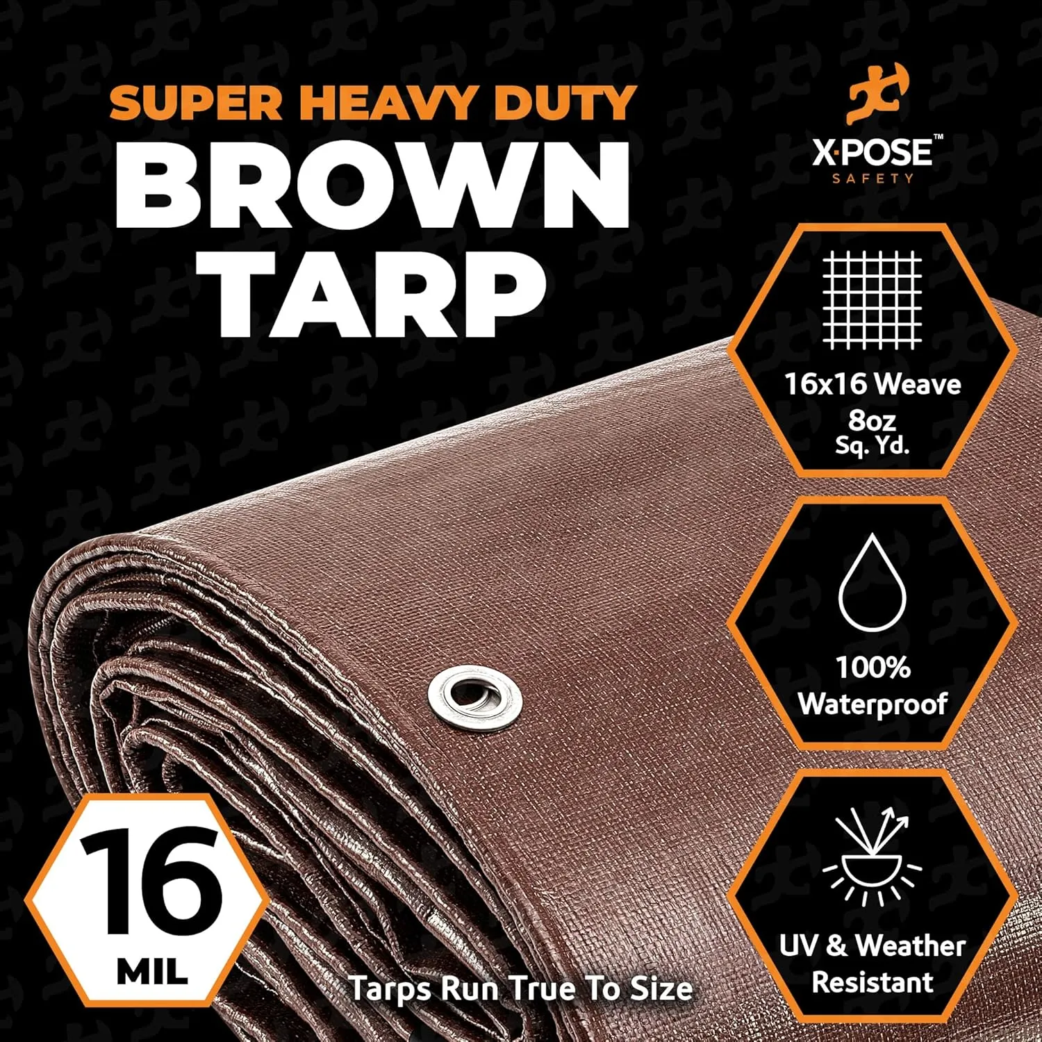 12' x 40' Super Heavy Duty 16 Mil Brown Poly Tarp Cover - Thick Waterproof, UV Resistant, Rip and Tear Proof Tarpaulin with Grommets and Reinforced Edges - by Xpose Safety