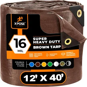 12' x 40' Super Heavy Duty 16 Mil Brown Poly Tarp Cover - Thick Waterproof, UV Resistant, Rip and Tear Proof Tarpaulin with Grommets and Reinforced Edges - by Xpose Safety