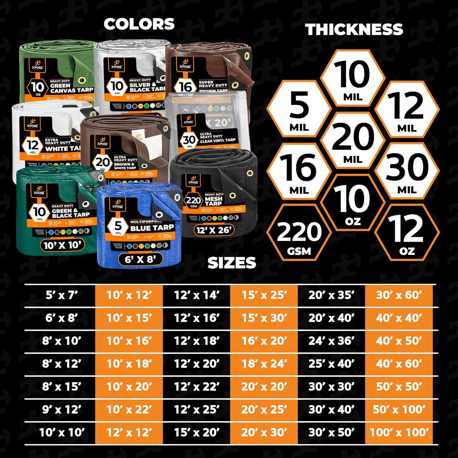 12' x 40' Super Heavy Duty 16 Mil Brown Poly Tarp Cover - Thick Waterproof, UV Resistant, Rip and Tear Proof Tarpaulin with Grommets and Reinforced Edges - by Xpose Safety