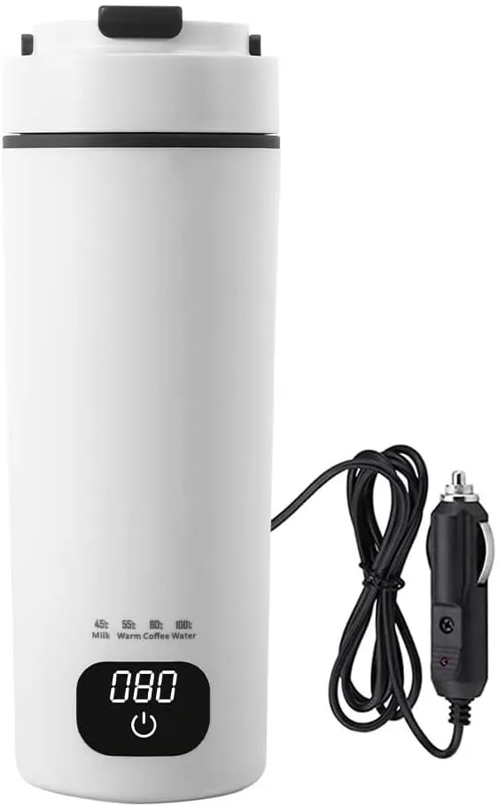 12/24V Car Electric Water Kettle with LCD Digital 4 Variable Presets Auto Shut-off 304 Stainless Steel Liner Leak-Proof For Travel Camping, Road Trip for Cars (450ml)