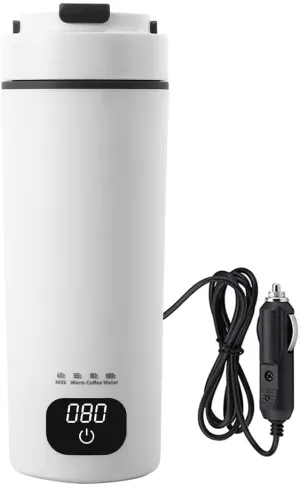 12/24V Car Electric Water Kettle with LCD Digital 4 Variable Presets Auto Shut-off 304 Stainless Steel Liner Leak-Proof For Travel Camping, Road Trip for Cars (450ml)