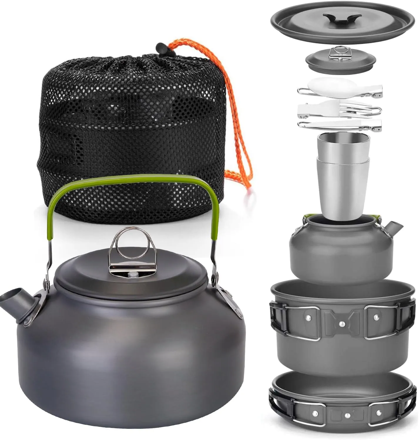 12PCS/Set Portable Camping Cookware Mess Kit, Lightweight Aluminum Pot Pans Kit with 2 Cups, Fork Spoon Kits for Outdoor Backpacking Hiking Picnic Equipment, Grey