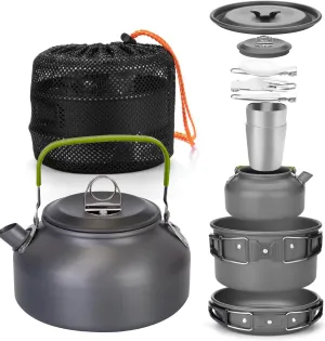 12PCS/Set Portable Camping Cookware Mess Kit, Lightweight Aluminum Pot Pans Kit with 2 Cups, Fork Spoon Kits for Outdoor Backpacking Hiking Picnic Equipment, Grey