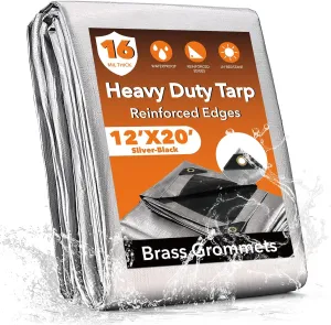12x20FT Waterproof Tarp, Yumatum 16 Mil Heavy Duty Tarps with Reinforced Edges/Brass Grommets, 100% UV Blocking/Tear Resistant Poly Tarp for Camping, Patio, Tent, Boat(Silver/Black)
