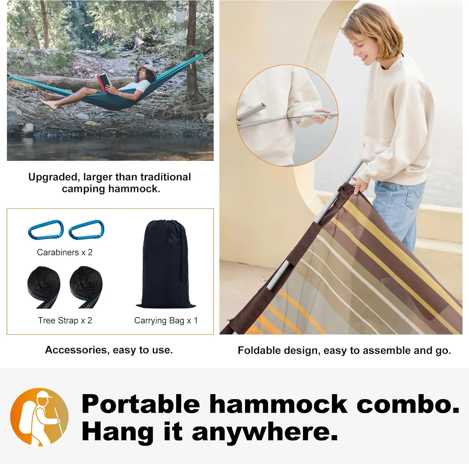 14ft Two Person Outdoor Hammock, Portable Camping with Folding Steel Spreader Bar, Carrying Bag, Carabiners, Tree Straps, Pillow & Sidebag, Quick Dry Textilene, 550 lbs Capacity (Coffee)