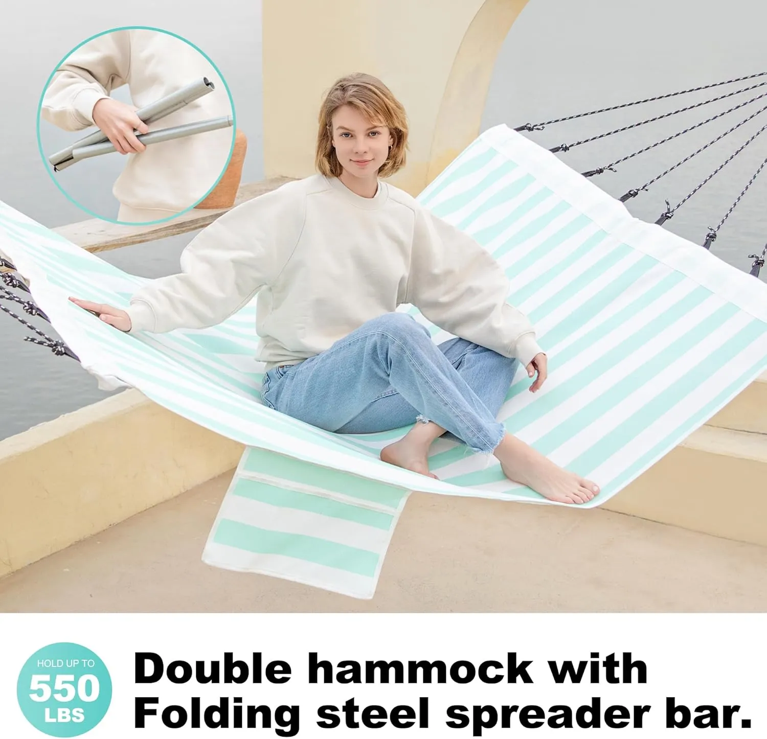 14ft Two Person Outdoor Hammock, Portable Camping with Folding Steel Spreader Bar, Carrying Bag, Carabiners, Tree Straps, Pillow & Sidebag, Quick Dry Textilene, 550 lbs Capacity (Cyan)