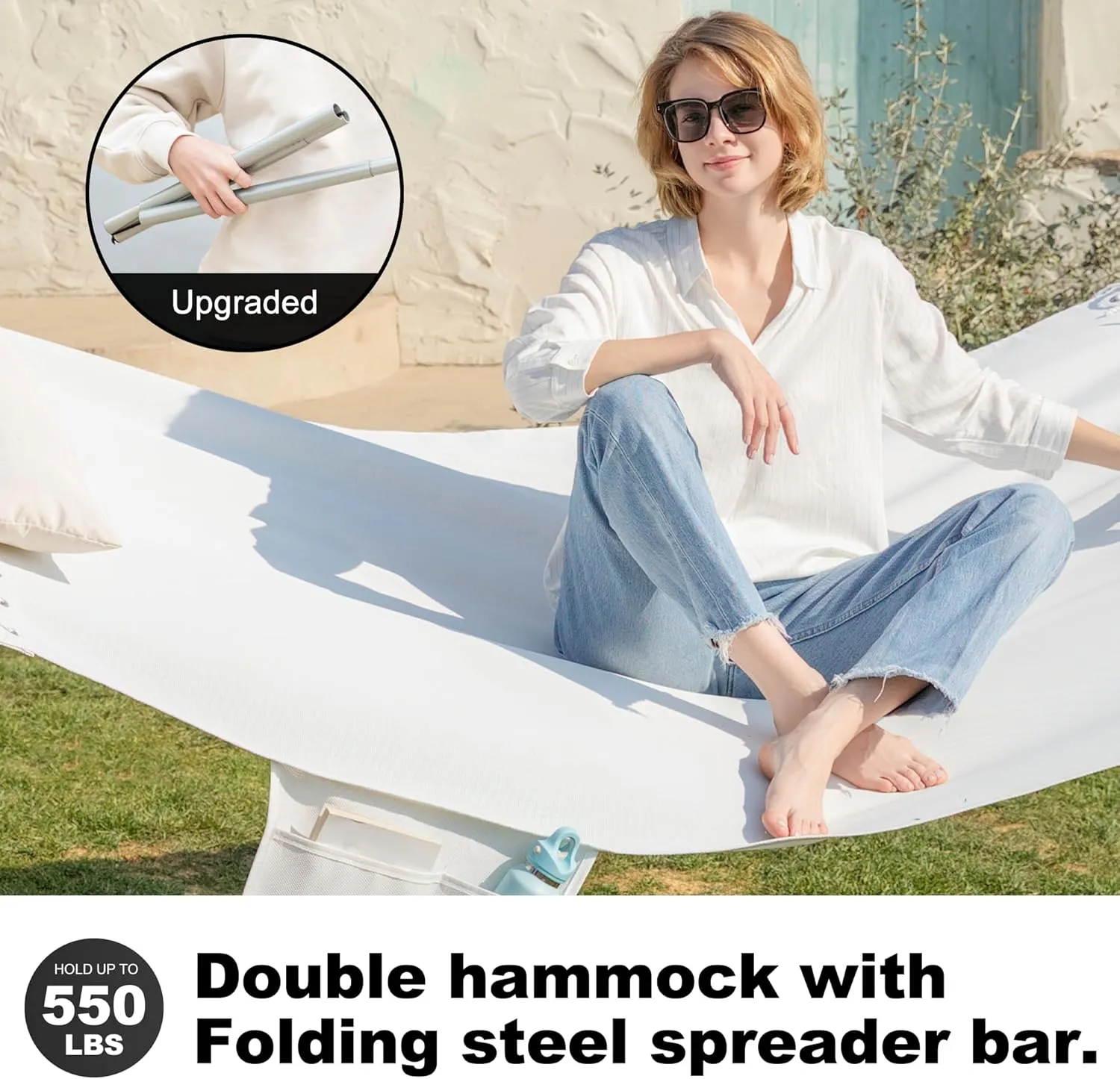 14ft Two Person Outdoor Hammock, Portable Camping with Folding Steel Spreader Bar, Carrying Bag, Carabiners, Tree Straps, Pillow & Sidebag, Quick Dry Textilene, 550 lbs Capacity (Ivory)