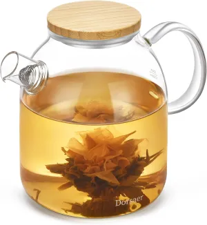 1500ml Glass Teapot with Bamboo Lid, 50oz Stovetop Safe Borosilicate Glass Tea Kettle with Infuser for Blooming Tea, Fruit Tea, Loose Leaf Tea, Tea Bag, Clear Glass Pots for Cooking on Stove