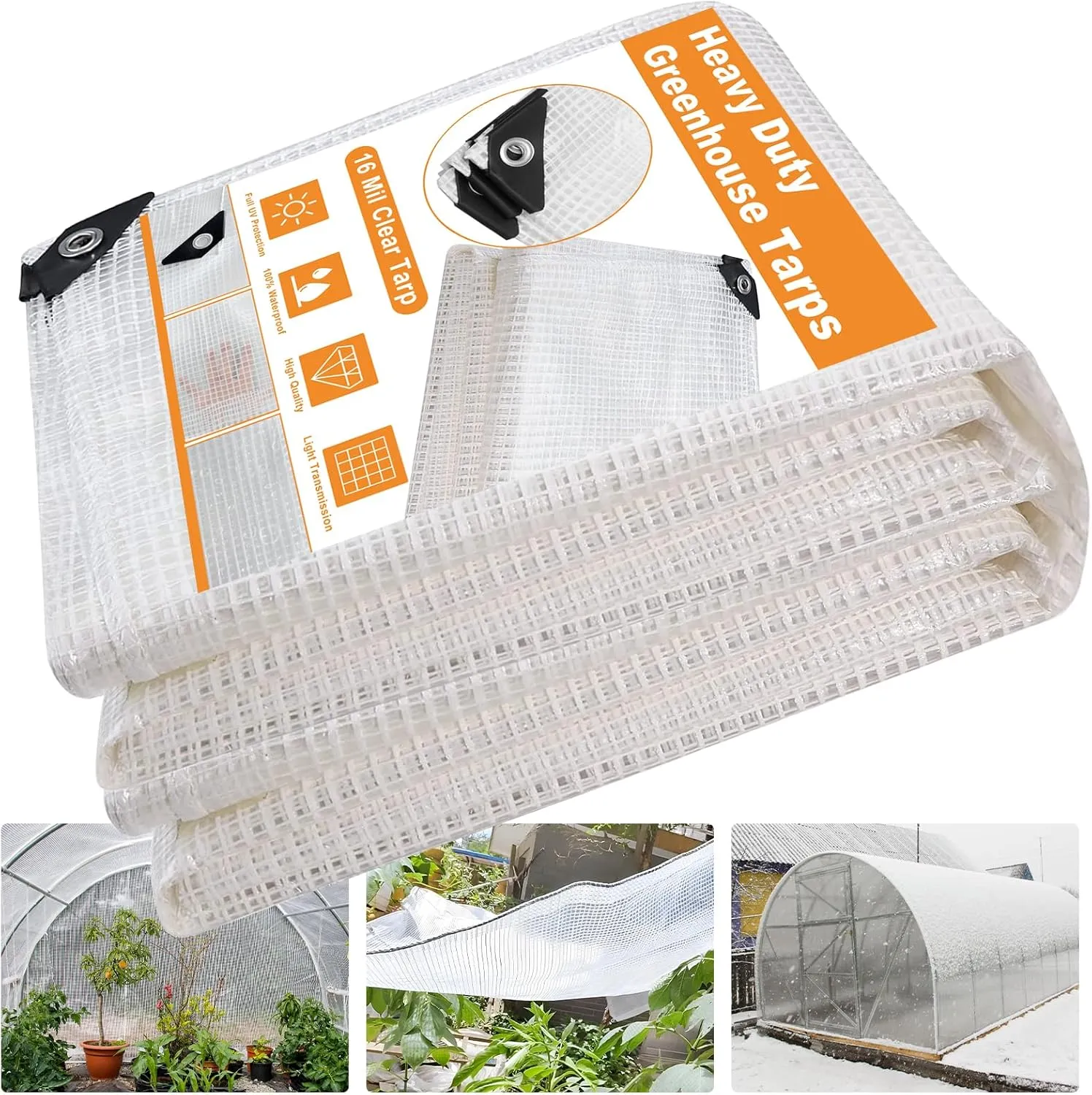 16 Mil Greenhouse Cover,Clear Plastic Tarps Heavy Duty Waterproof 18x24FT,UV Resistant Poly Clear Tarps with Grommets, Greenhouse Heavy Duty Tarp for Gardening, Farming, Nursery, Garden