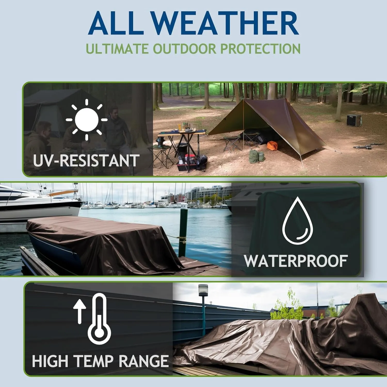16 Mil Heavy Duty Waterproof Tarps, 8x10 Ft Finished Size Tarps, Premium Tarp with Metal Grommets & Reinforced Edge, Multipurpose Thick Poly Tarp for Car, Boat, Roof, Camping - Brown