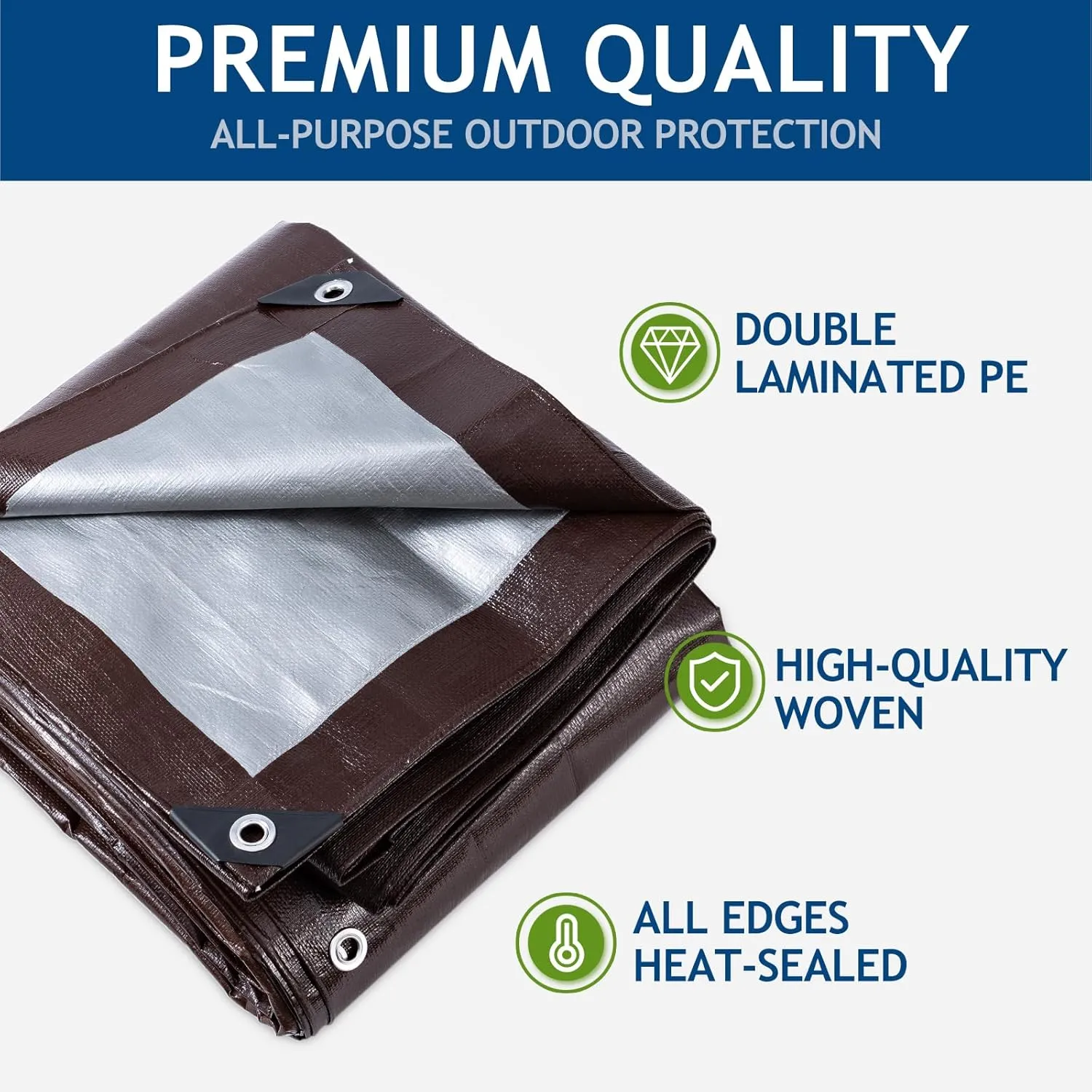 16 Mil Heavy Duty Waterproof Tarps, 8x10 Ft Finished Size Tarps, Premium Tarp with Metal Grommets & Reinforced Edge, Multipurpose Thick Poly Tarp for Car, Boat, Roof, Camping - Brown
