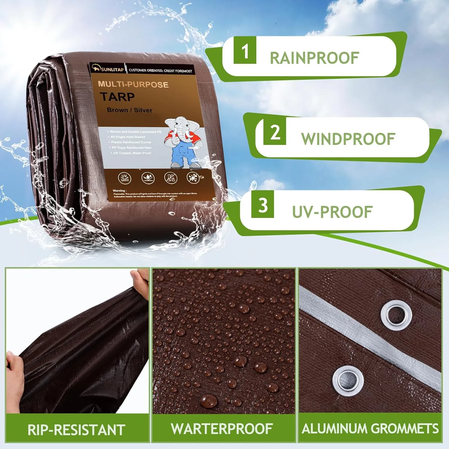 16 Mil Heavy Duty Waterproof Tarps, 8x10 Ft Finished Size Tarps, Premium Tarp with Metal Grommets & Reinforced Edge, Multipurpose Thick Poly Tarp for Car, Boat, Roof, Camping - Brown