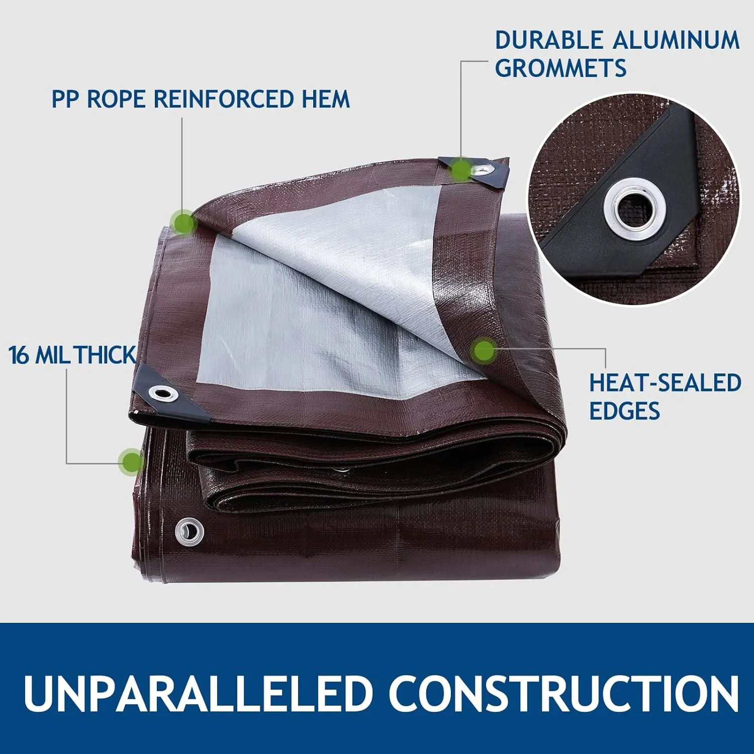 16 Mil Heavy Duty Waterproof Tarps, 8x10 Ft Finished Size Tarps, Premium Tarp with Metal Grommets & Reinforced Edge, Multipurpose Thick Poly Tarp for Car, Boat, Roof, Camping - Brown