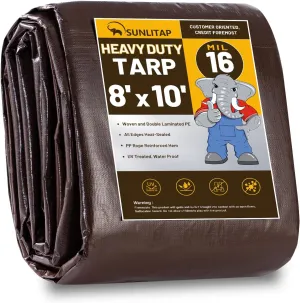 16 Mil Heavy Duty Waterproof Tarps, 8x10 Ft Finished Size Tarps, Premium Tarp with Metal Grommets & Reinforced Edge, Multipurpose Thick Poly Tarp for Car, Boat, Roof, Camping - Brown