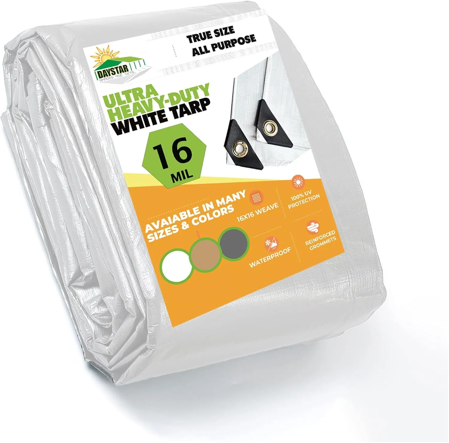 16 MIL Thick Ultra Heavy Duty White Tarp 8' x 8' (True Size) 3ply Waterproof 9.5 oz UV Protected Multipurpose Protective Cover Rain Tarpaulin
