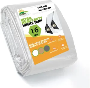 16 MIL Thick Ultra Heavy Duty White Tarp 8' x 8' (True Size) 3ply Waterproof 9.5 oz UV Protected Multipurpose Protective Cover Rain Tarpaulin