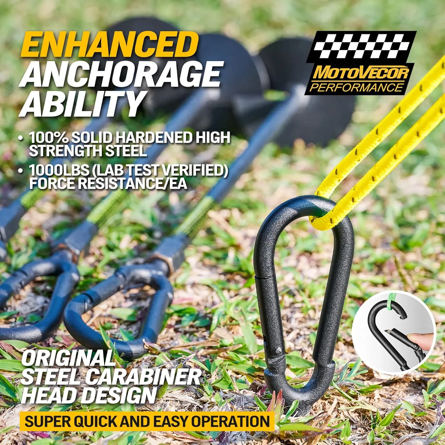18” Heavy Duty Ground Anchors(1000lbs),Screw in Swing Set Anchors Forged from Tungsten Steel, Detachable Carabiner Design, High Wind Trampoline Stakes for Tents, Trees, Canopies, Gazebos-4 PCS
