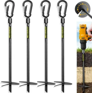 18” Heavy Duty Ground Anchors(1000lbs),Screw in Swing Set Anchors Forged from Tungsten Steel, Detachable Carabiner Design, High Wind Trampoline Stakes for Tents, Trees, Canopies, Gazebos-4 PCS