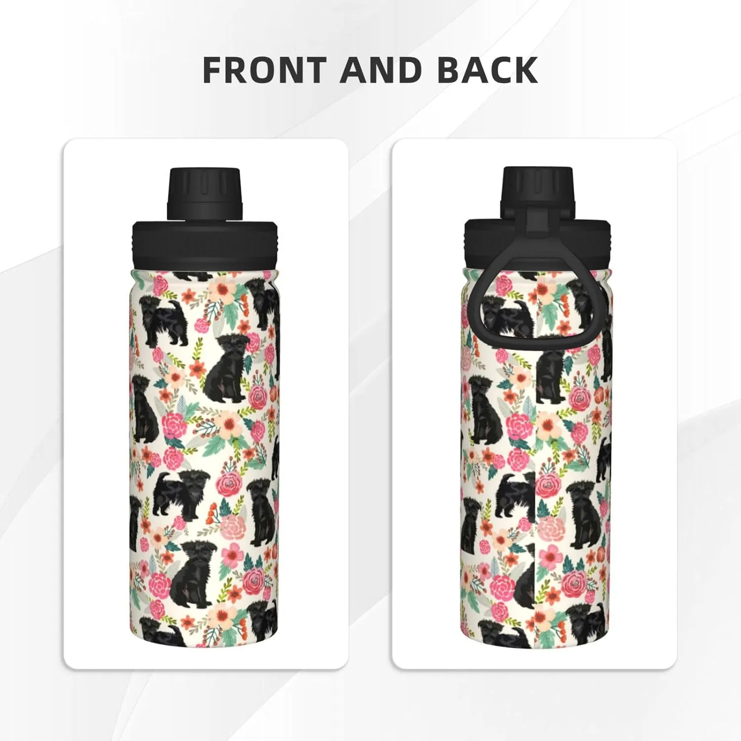 18 Oz Stainless Steel Vacuum Insulated Sports Water Bottle - Cute Affenpinscher Dog Rose Flowers Florals Print Cups With Flip, Spout And Handle Lid Spill-Proof Thermos For School Travel Birthday Gifts