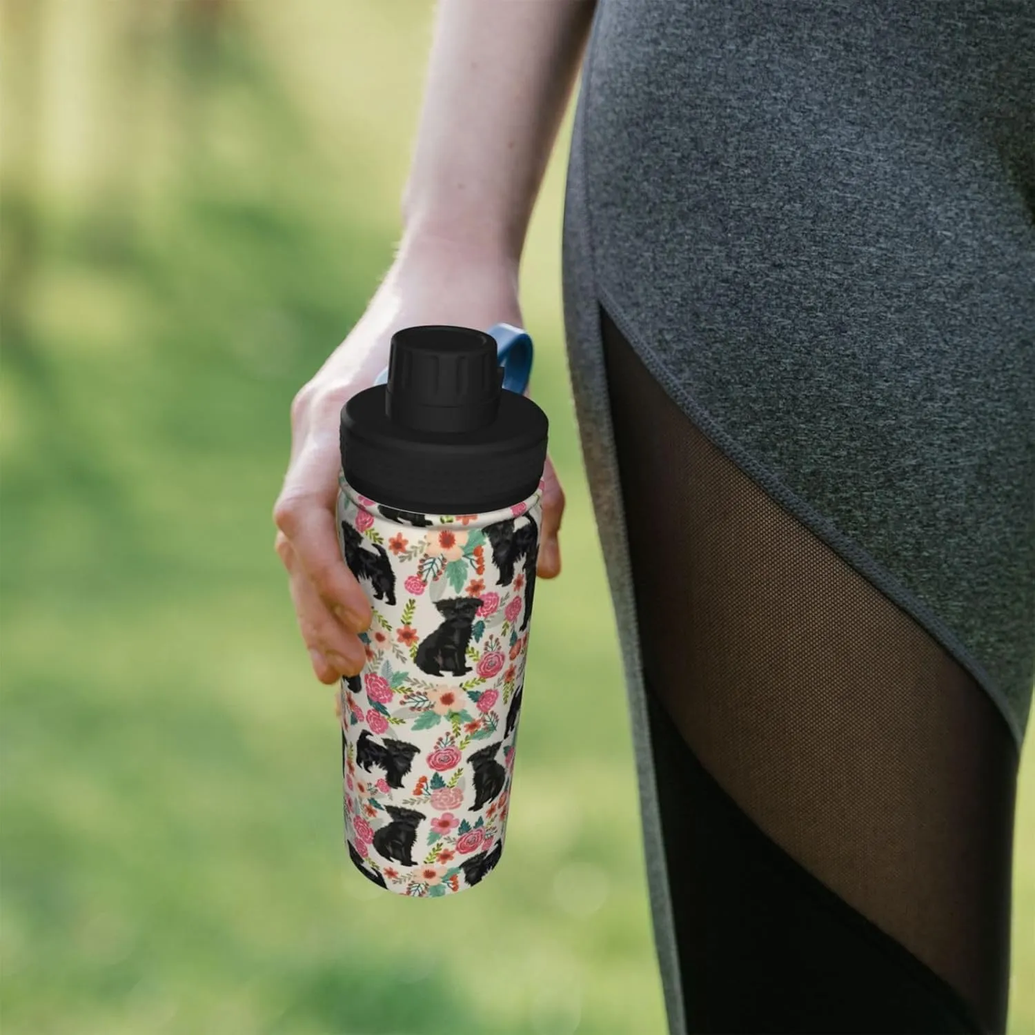 18 Oz Stainless Steel Vacuum Insulated Sports Water Bottle - Cute Affenpinscher Dog Rose Flowers Florals Print Cups With Flip, Spout And Handle Lid Spill-Proof Thermos For School Travel Birthday Gifts