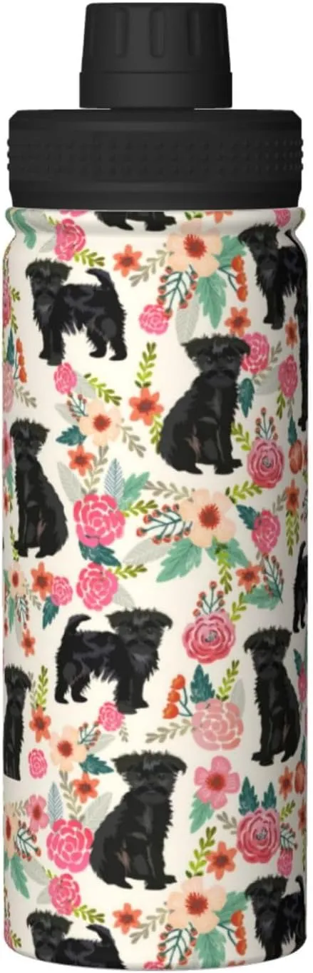 18 Oz Stainless Steel Vacuum Insulated Sports Water Bottle - Cute Affenpinscher Dog Rose Flowers Florals Print Cups With Flip, Spout And Handle Lid Spill-Proof Thermos For School Travel Birthday Gifts