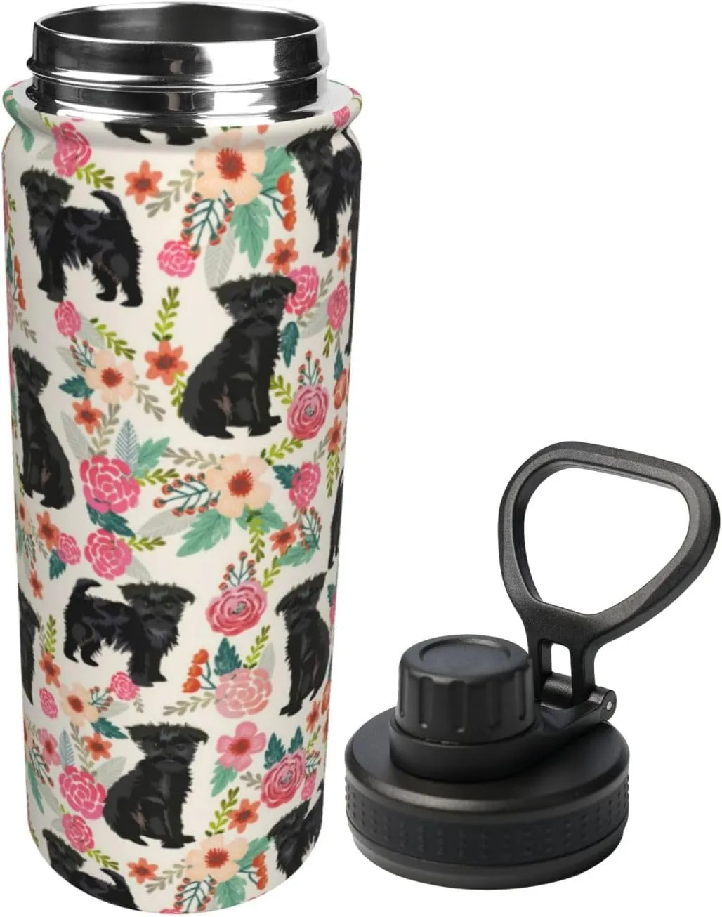 18 Oz Stainless Steel Vacuum Insulated Sports Water Bottle - Cute Affenpinscher Dog Rose Flowers Florals Print Cups With Flip, Spout And Handle Lid Spill-Proof Thermos For School Travel Birthday Gifts