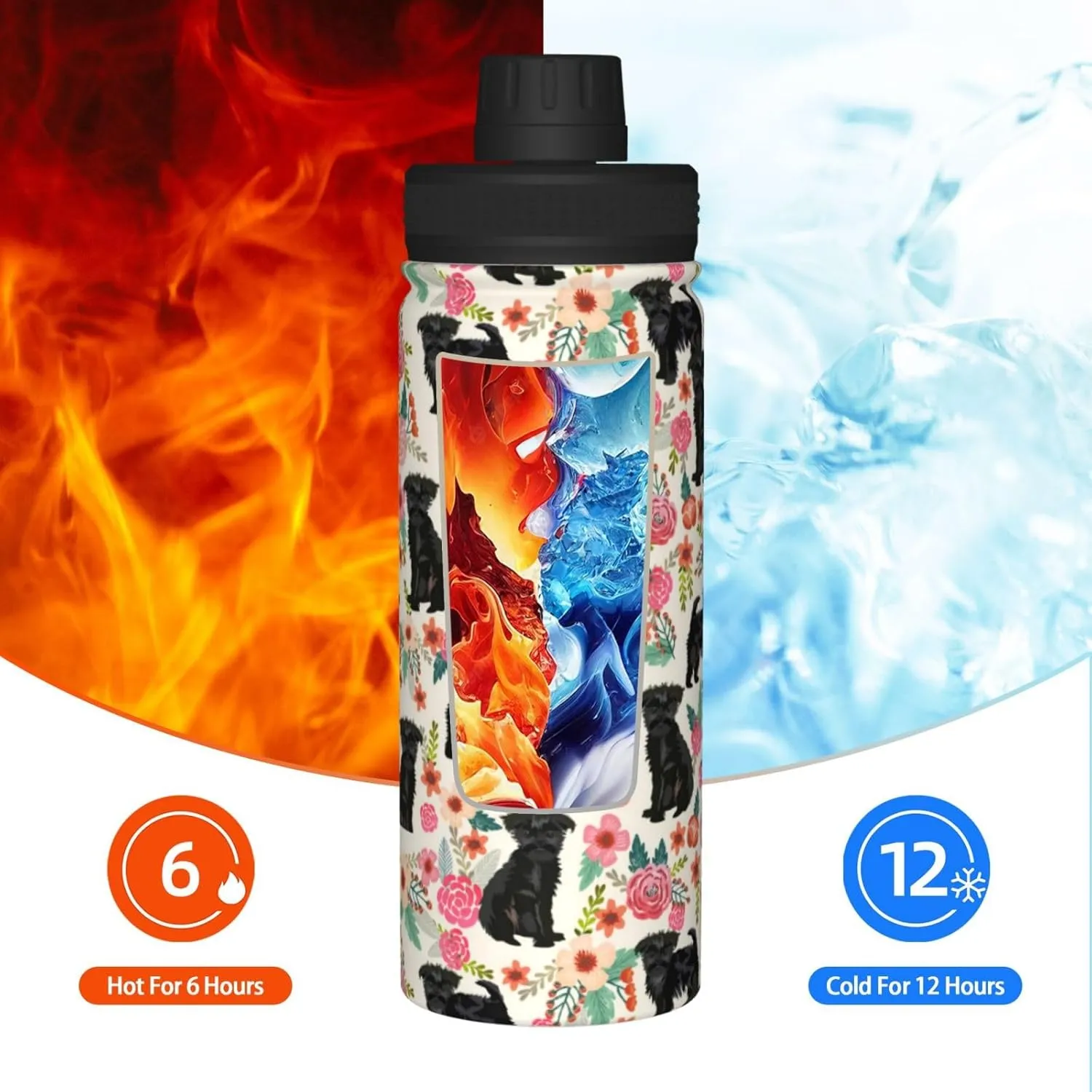 18 Oz Stainless Steel Vacuum Insulated Sports Water Bottle - Cute Affenpinscher Dog Rose Flowers Florals Print Cups With Flip, Spout And Handle Lid Spill-Proof Thermos For School Travel Birthday Gifts