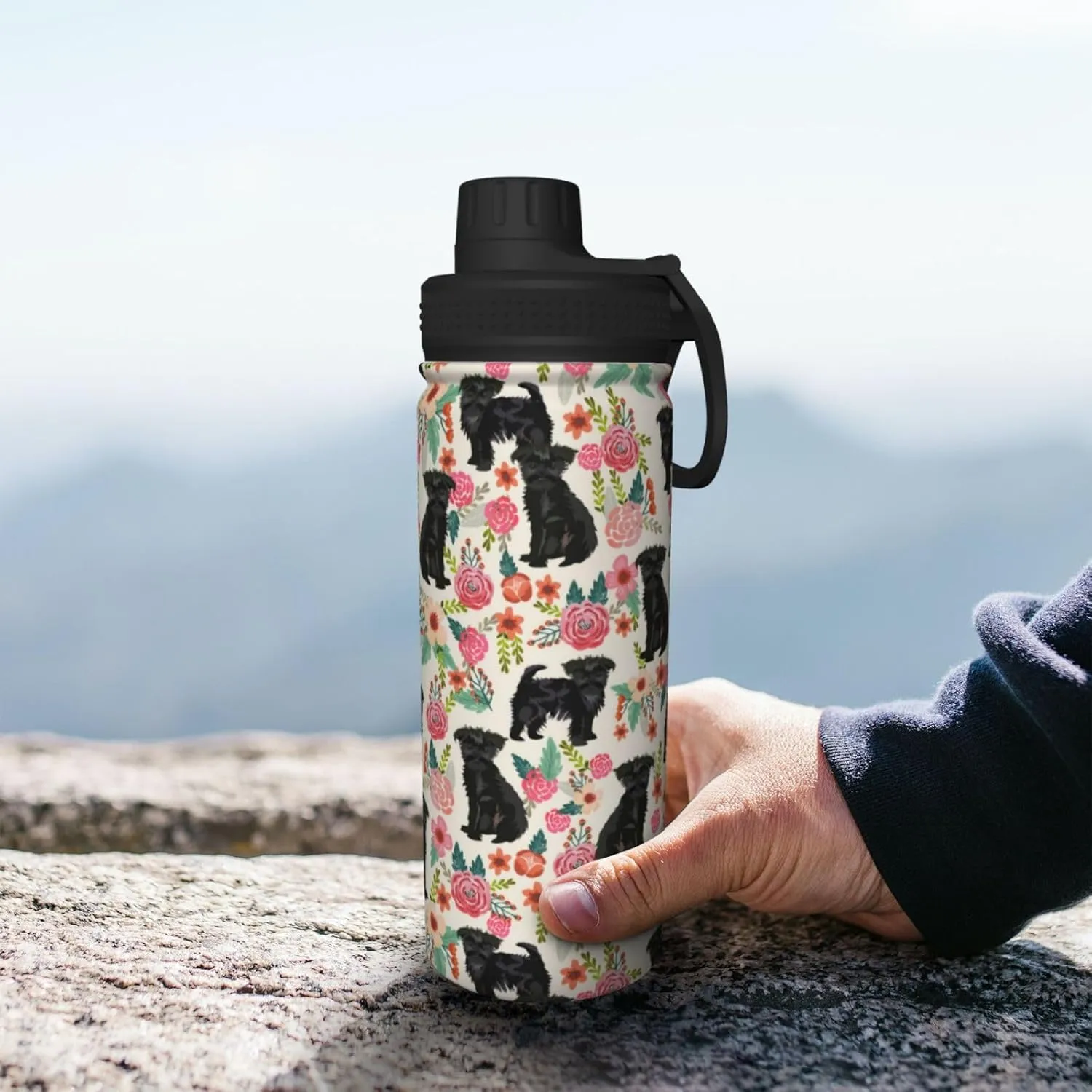 18 Oz Stainless Steel Vacuum Insulated Sports Water Bottle - Cute Affenpinscher Dog Rose Flowers Florals Print Cups With Flip, Spout And Handle Lid Spill-Proof Thermos For School Travel Birthday Gifts