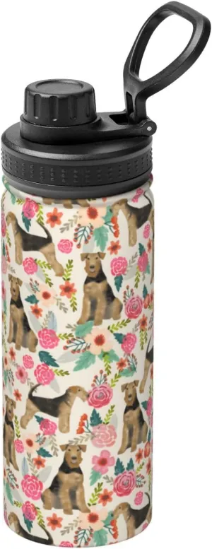 18 Oz Stainless Steel Vacuum Insulated Sports Water Bottles - Cute Airedale Terrier Dog Rose Flowers Florals Print Cups With Flip, Spout And Handle Lid Spill-Proof Thermos Mugs For School Travel Gifts
