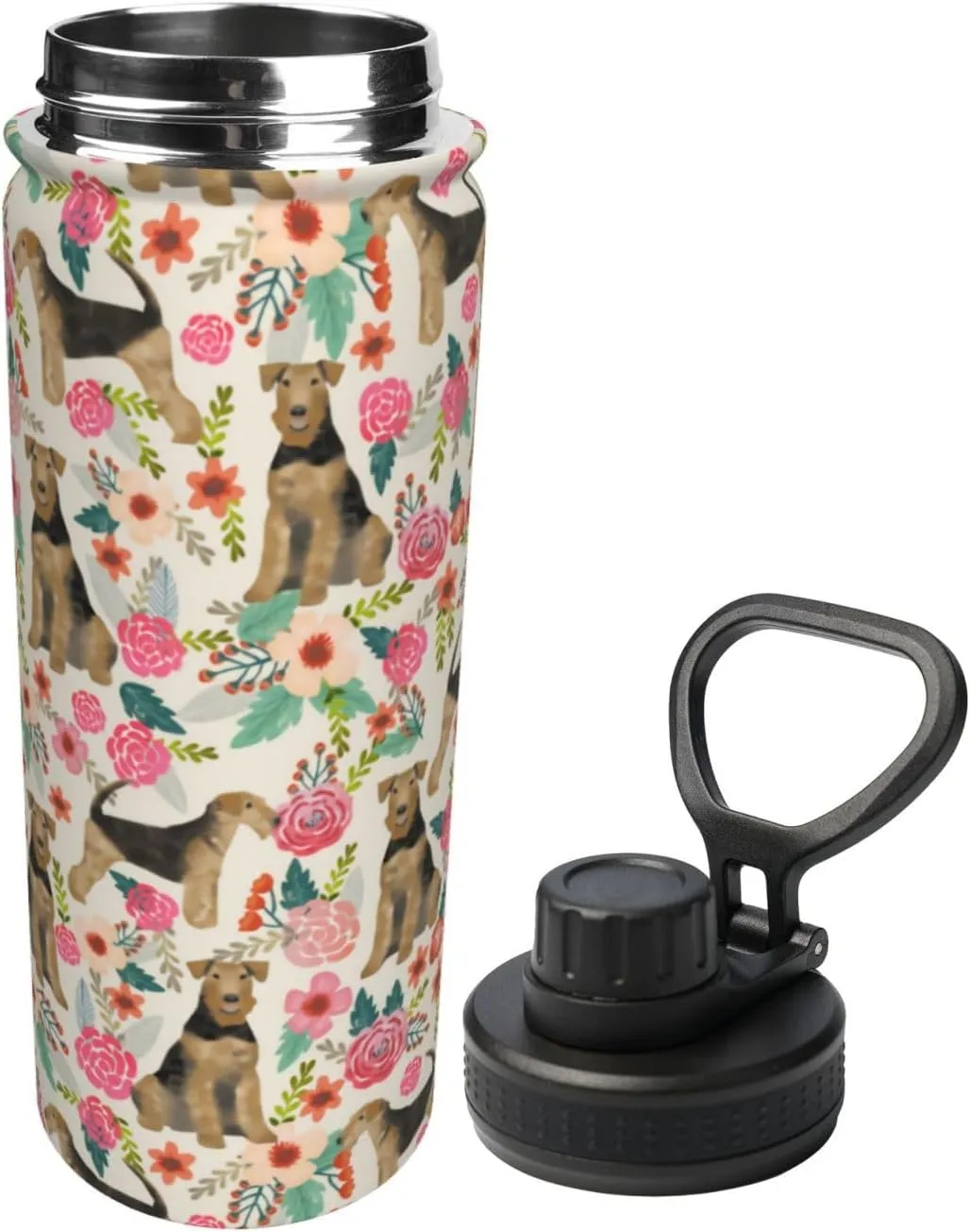 18 Oz Stainless Steel Vacuum Insulated Sports Water Bottles - Cute Airedale Terrier Dog Rose Flowers Florals Print Cups With Flip, Spout And Handle Lid Spill-Proof Thermos Mugs For School Travel Gifts