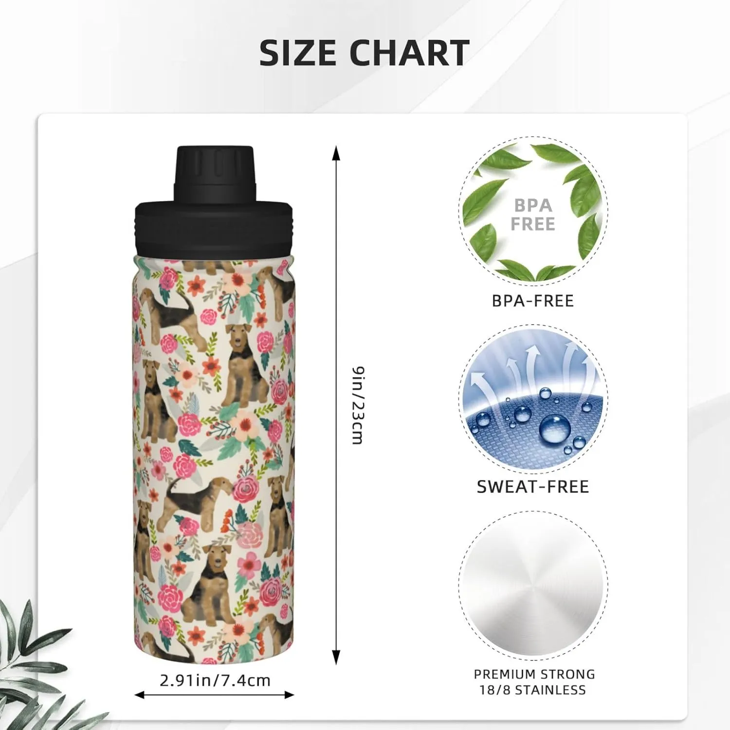 18 Oz Stainless Steel Vacuum Insulated Sports Water Bottles - Cute Airedale Terrier Dog Rose Flowers Florals Print Cups With Flip, Spout And Handle Lid Spill-Proof Thermos Mugs For School Travel Gifts