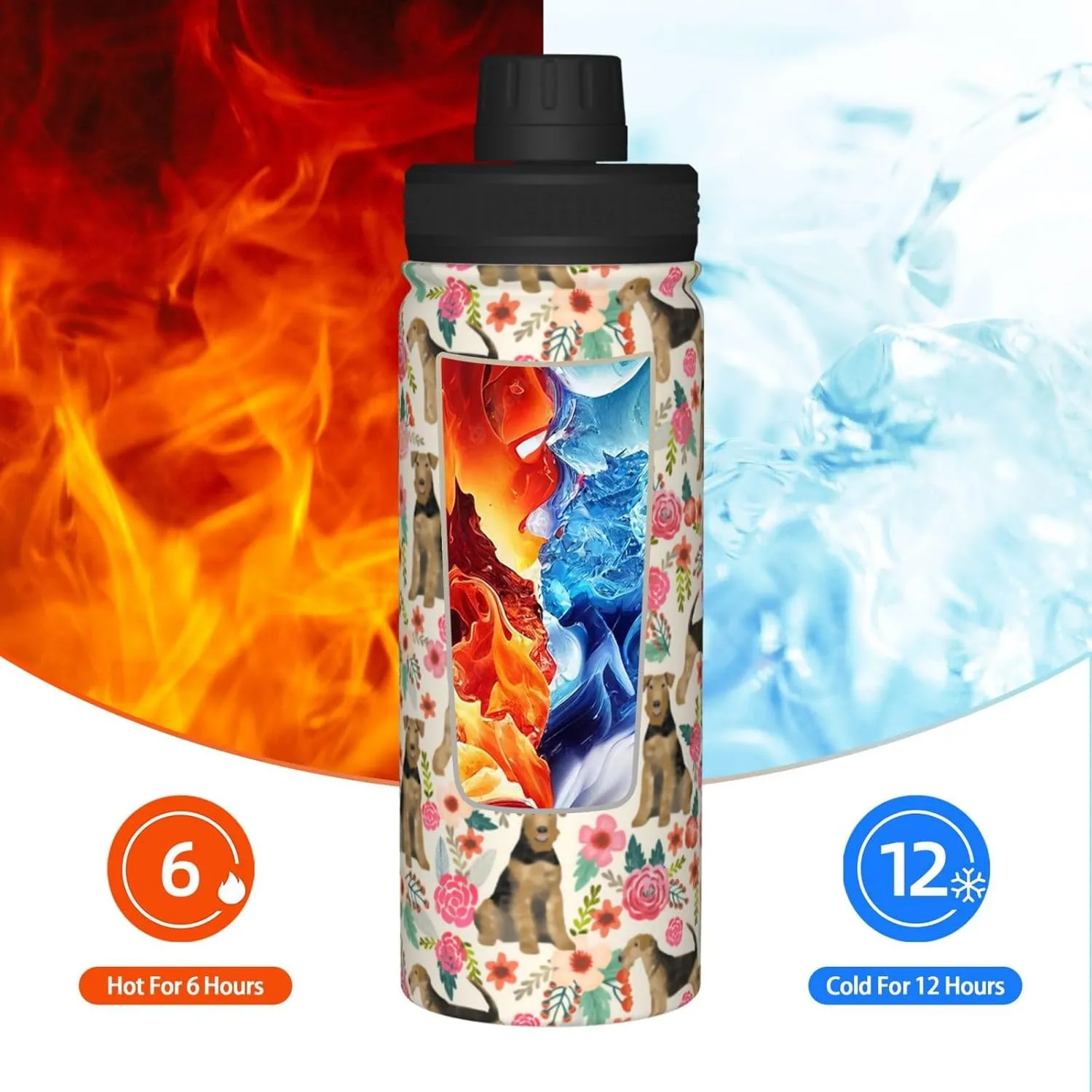 18 Oz Stainless Steel Vacuum Insulated Sports Water Bottles - Cute Airedale Terrier Dog Rose Flowers Florals Print Cups With Flip, Spout And Handle Lid Spill-Proof Thermos Mugs For School Travel Gifts