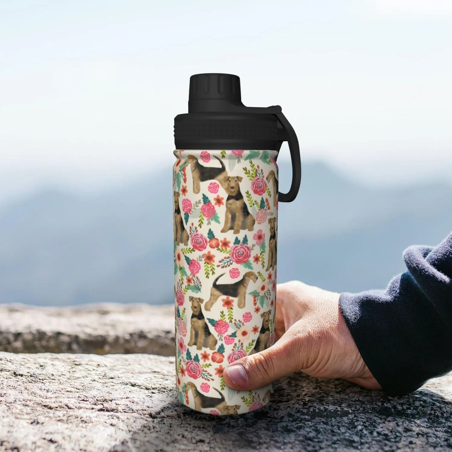 18 Oz Stainless Steel Vacuum Insulated Sports Water Bottles - Cute Airedale Terrier Dog Rose Flowers Florals Print Cups With Flip, Spout And Handle Lid Spill-Proof Thermos Mugs For School Travel Gifts