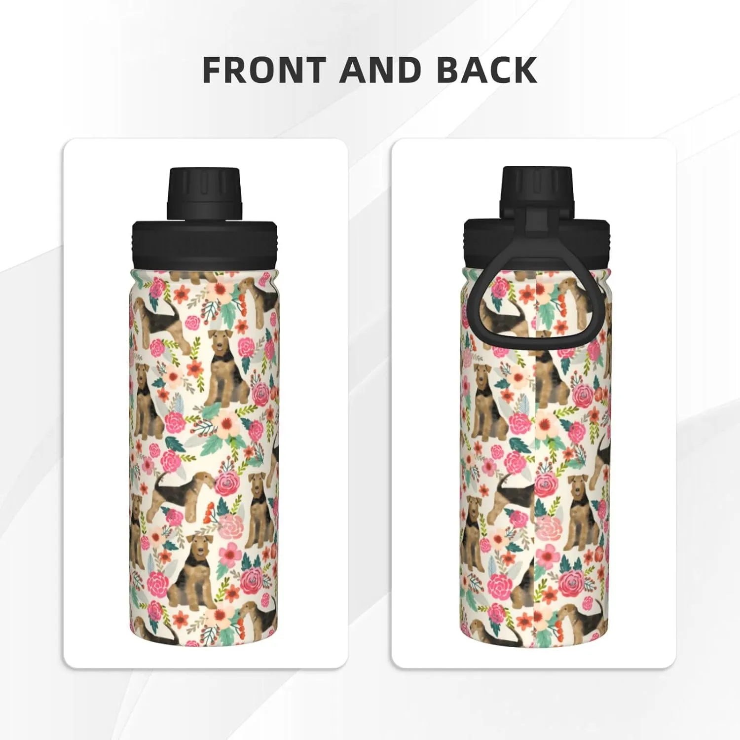 18 Oz Stainless Steel Vacuum Insulated Sports Water Bottles - Cute Airedale Terrier Dog Rose Flowers Florals Print Cups With Flip, Spout And Handle Lid Spill-Proof Thermos Mugs For School Travel Gifts