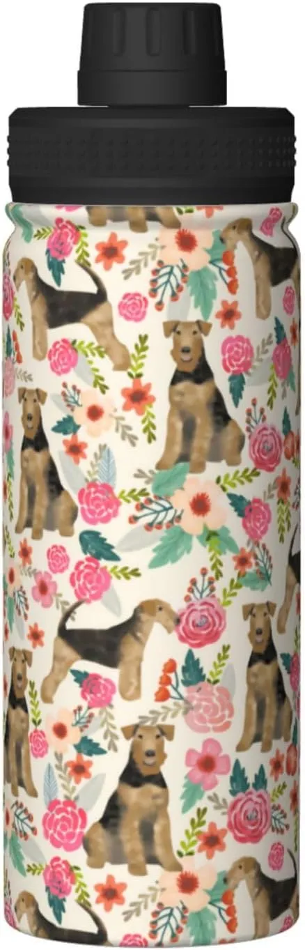 18 Oz Stainless Steel Vacuum Insulated Sports Water Bottles - Cute Airedale Terrier Dog Rose Flowers Florals Print Cups With Flip, Spout And Handle Lid Spill-Proof Thermos Mugs For School Travel Gifts